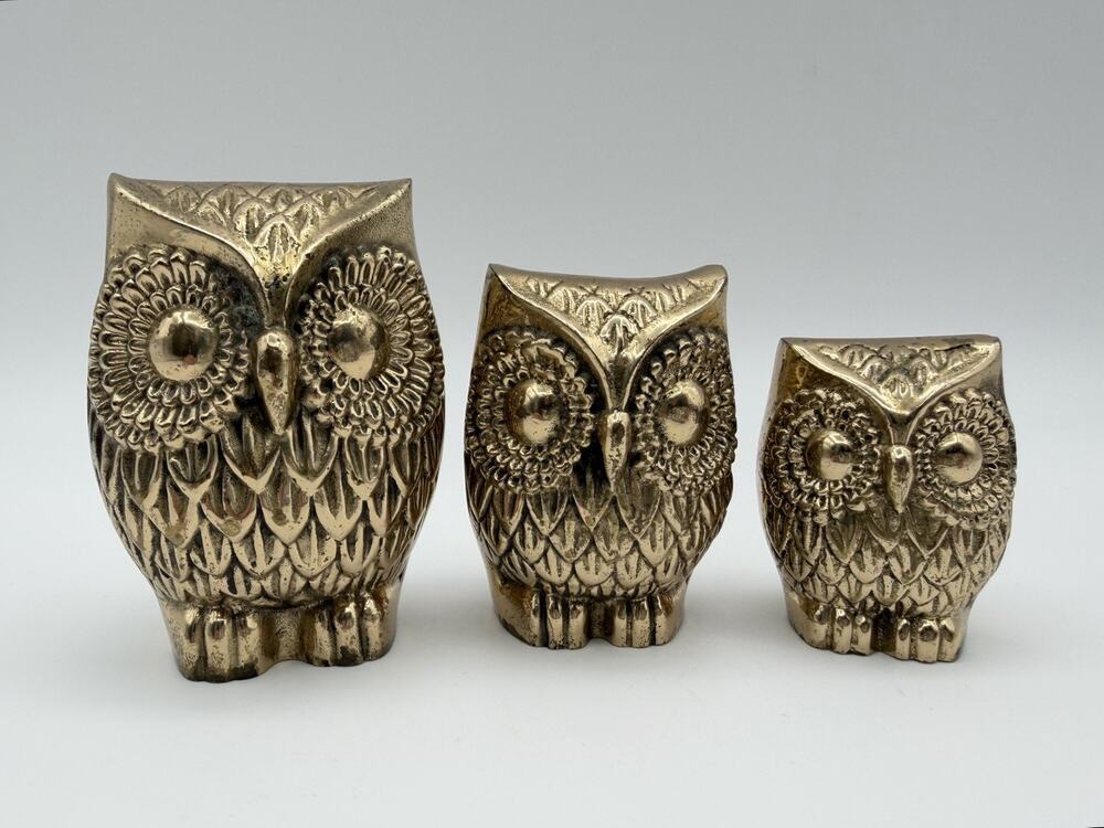 Solid Brass Owl Family Trio Set of 3 Figurines Paperweight Graduated MCM Vintage